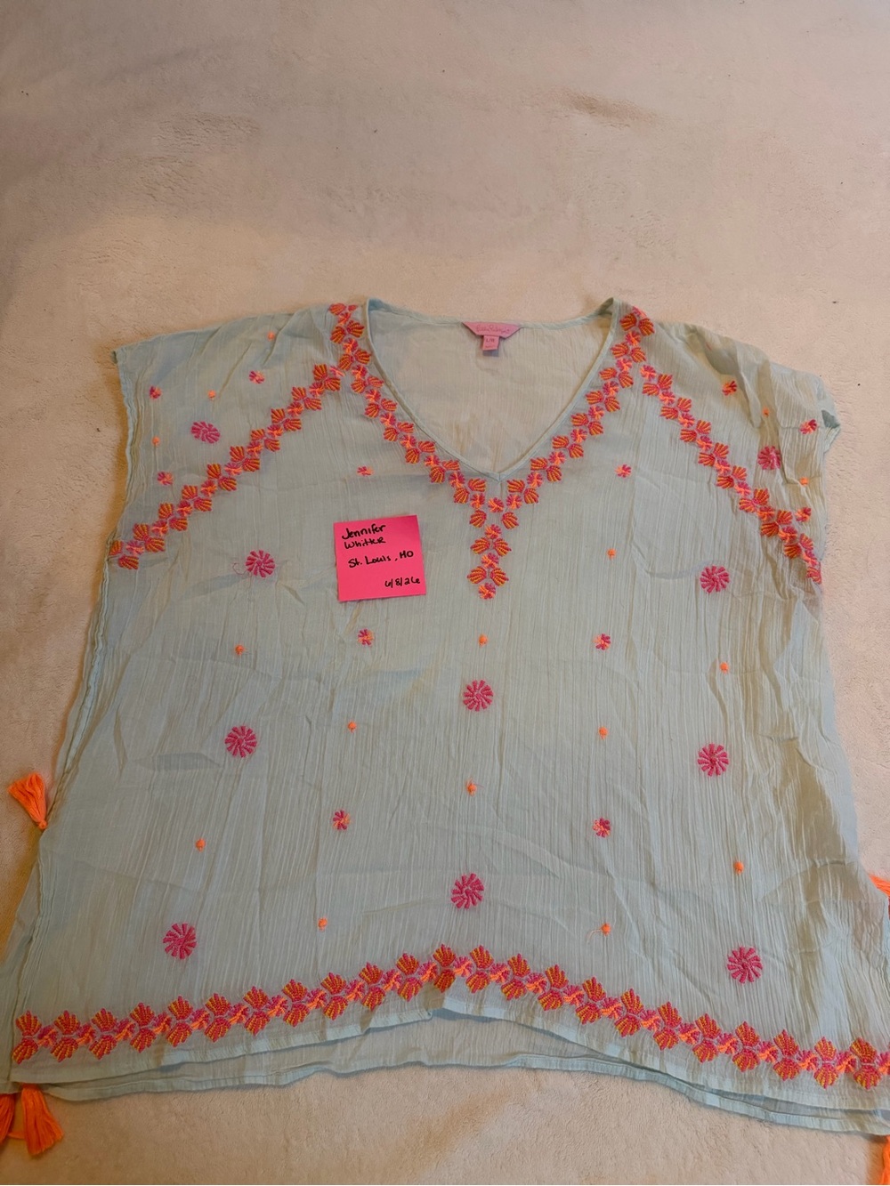 Lilly Pulitzer Light Aqua Embroidered Tunic with Pink + Orange Accents
